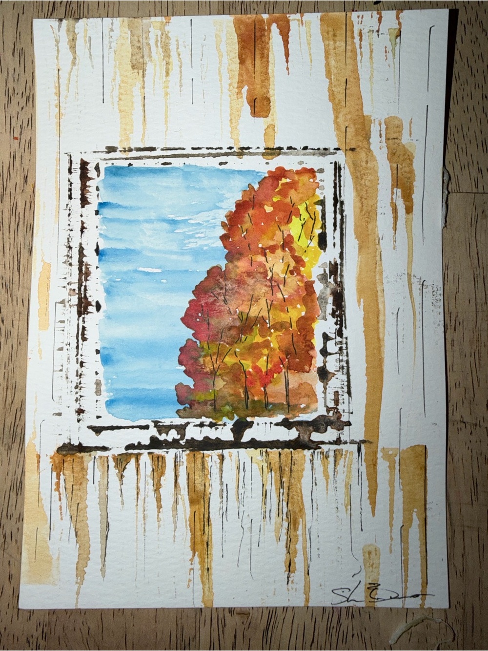 Autumn Window Watercolor Art Print - Orange and Blue